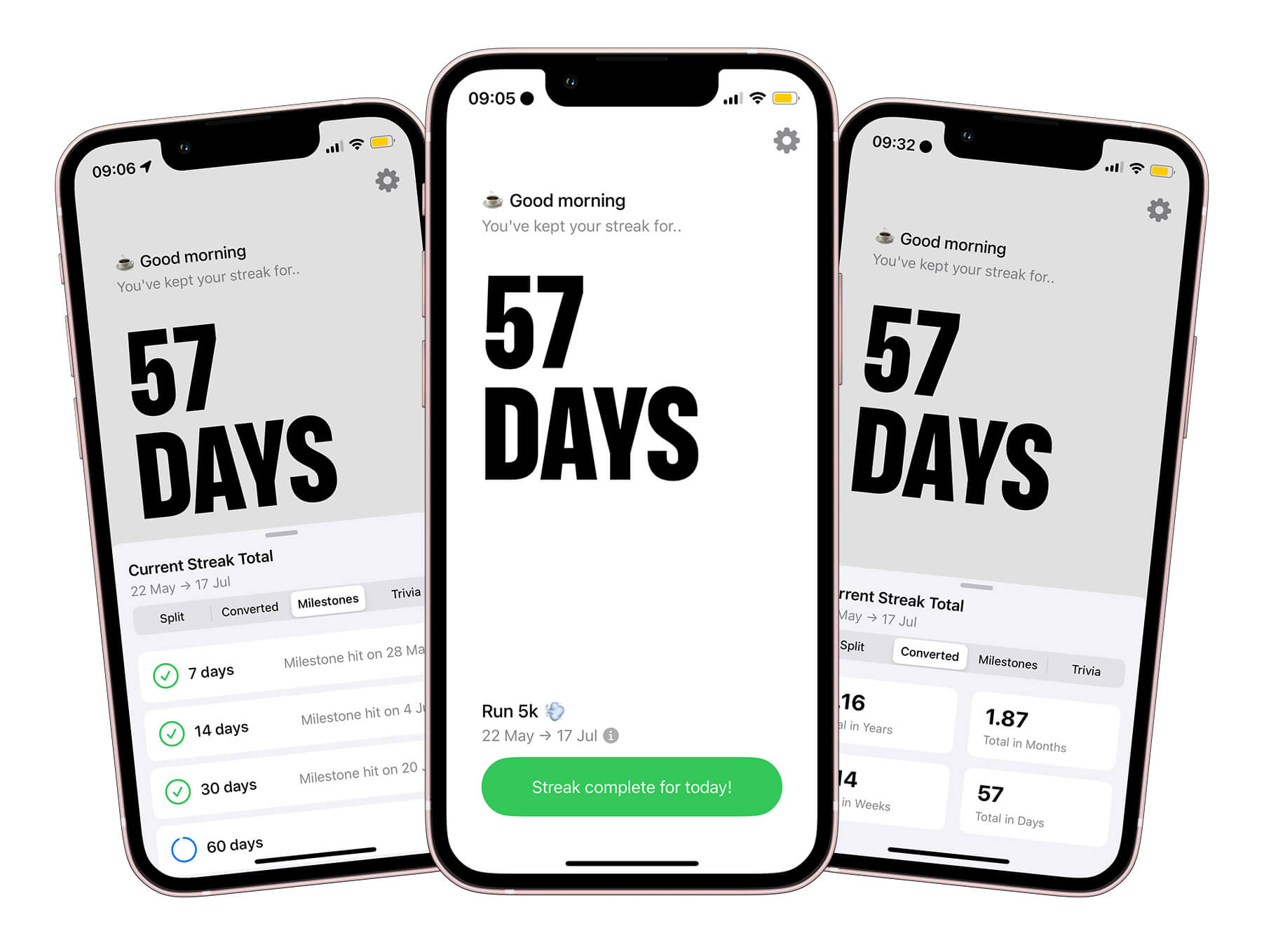 Simple Streak app interface showing habit tracking screen